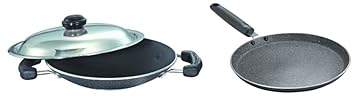 Prestige Omega Select Plus Aluminium Residue Free Non-Stick Appachetty with Lid, 20 cm, Black & Prestige Omega Deluxe Granite Nonstick Aluminium Dosa Tawa, Black, 25 cm
