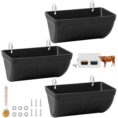 Hanging Chicken Feeder Trough and Goat Feeder, Sheep Deer Poultry Dogs Deers Gooses Duck Fence, 5 Quart Feeder Supplies Livestock Feeding Container Supplies Feeders Waterer Bucket, 3pack Black