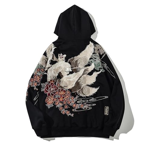 Cool Fox Embroiderd Hoodies Japanese Embroidery Hoodie Men Black Streetwear Sweatshirt Mens Fashion Pullover