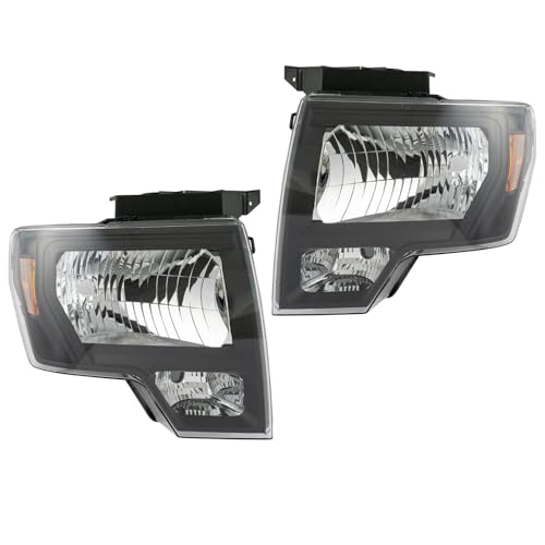 Image of TRQ 2 Piece Headlight Assembly Set Halogen Black Bezel Driver & Passenger Side Compatible with 2009-2014 Ford F-150 FO2502287 FO2503287