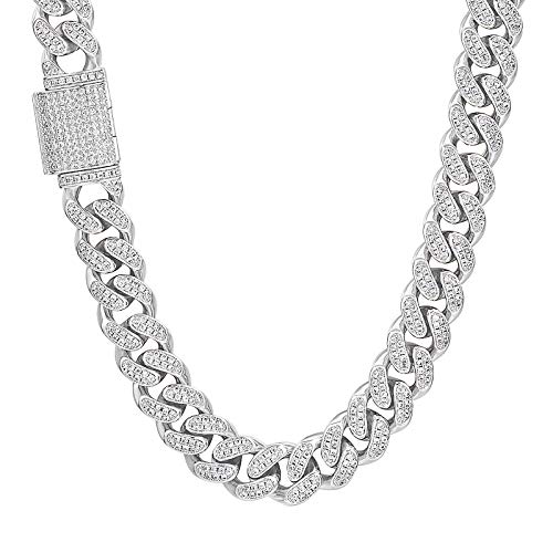 KRKC&CO 12mm 喜平ネックレス マイアミ キューバンチェーン メンズネックレス ジルコニア K18金メッキ CZダイヤ 太目 キヘイ 男性 チョーカー ヒップホップ B系 ストリート アクセ (ホワイトゴールド, 46)