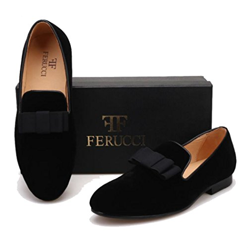 FERUCCI Handmade Men Black Velvet with Black Bow Slippers Loafers4