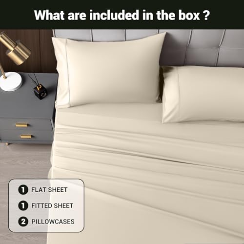 Image of Shilucheng 4 Piece King Sheet Sets, Cooling Sheets, Blend Rayon Derived from Bamboo, Deep Pocket Up to 16 inch, Breathable & Soft Bed Sheets, Hotel Silky Bedding Set, Sand