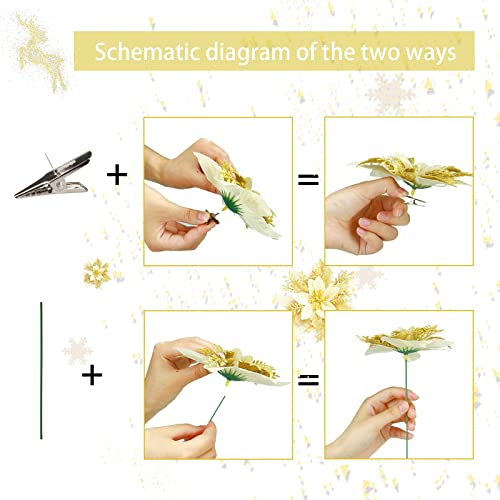 12Pcs Glittery Poinsettia Christmas Poinsettia Flowers Artificial Christmas Flowers With Clips And Stems For Xmas New Year Wedding Party Wreath Stairs Window Garland Fireplace Floral Decor (Golden) #TOP2