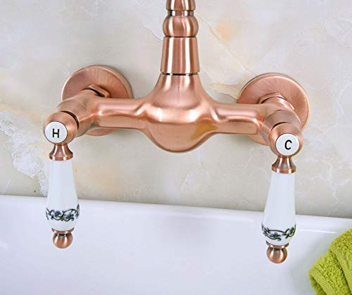Waterfall Tap Red Copper Brass Bathroom Kitchen Sink Faucet Mixer Tap Swivel Spout Wall Mounted Dual Ceramic Levers Handles #TOP5