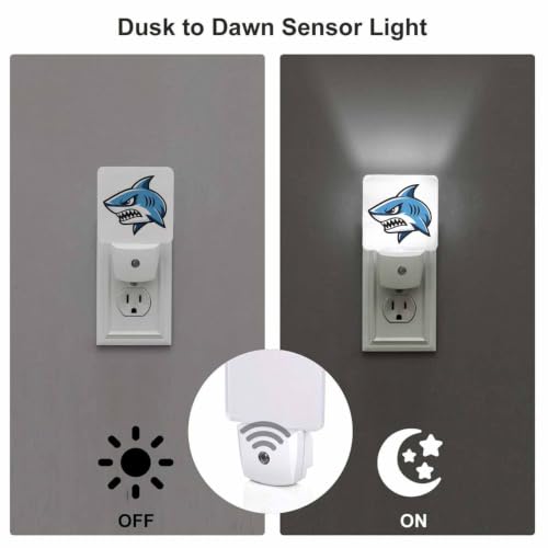 Image of LED Night Light,Cartoon Angry Shark LED Night Light Plug into Wall with Dusk to Dawn Light Sensor White Energy Efficient Nightlight for Bedroom Bathroom Hallway Living Room Kitchen