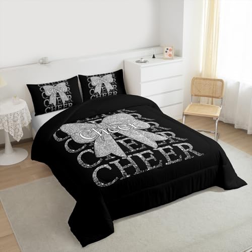 Image of Feelyou Cheer Bow Comforter Set Queen Size Cheerleading Bedding Set for Kids Boys Girls Funny Sport Duvet Quilt Silver Bedroom Decor Microfiber 3 Pcs with 2 Pillow Cases