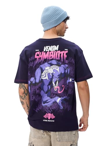 Image of The Souled Store Official Marvel: Spider x Venom Oversized T-Shirt for Men Boys Cotton Casual Half Sleeves Baggy Loose Fit Drop Shoulder Round Neck Black