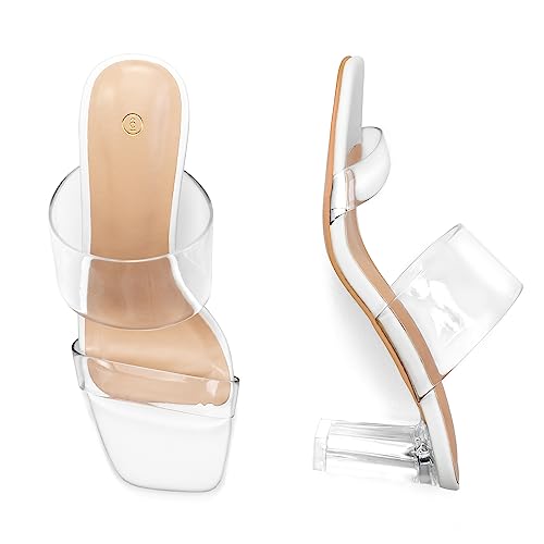 Image of mysoft Women's Clear Heels Square Toe Chunky Block Heel Sandals | 3 Inch Block Heel, Two Clear Straps, Slip On, Square Open Toe, Comfortable, Lightweight, Daily Walking, Party, Summer Dressy