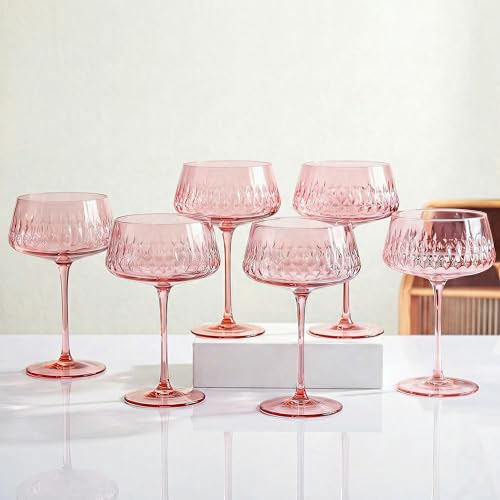 Pink Martini Glasses Set of 6, Hand Blown Colored Cocktail Glass 14Oz, Vintage Champagne Coupe Glasses, Large Pink Coupe Glass, Crystal Retro Style Bar Drinking Glasses, Mother's Day Gift