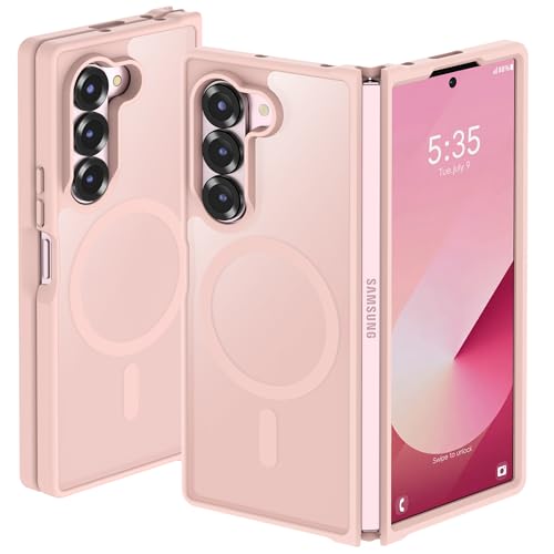 Image of ORETECH Magnetic Case Compatible with Samsung Galaxy Z Fold 6 Case, Translucent Back Non-Slip Hard PC Shockproof Bumper Protective Phone Case Cover for Samsung Z Fold 6 - Light Pink | Translucent Back Non-Slip Hard PC Shockproof Bumper Protective Phone Cover