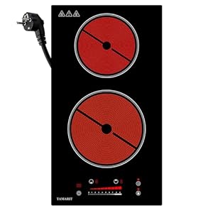 TAMARIT Glaskeramikkochfeld 2 Platten mit Stecker, 3000W Doppelkochplatte mit Slider-Touch & Timer, Autarkes Domino Kochfeld für alle Töpfe, Kindersicherung, Einbau oder Freistehend, Schwarz