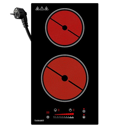 TAMARIT Glaskeramikkochfeld 2 Platten mit Stecker 3000W Doppelkochplatte mit Slider-Touch & Timer Autarkes Domino Kochfeld für alle Töpfe Kindersicherung Einbau oder Freistehend Schwarz