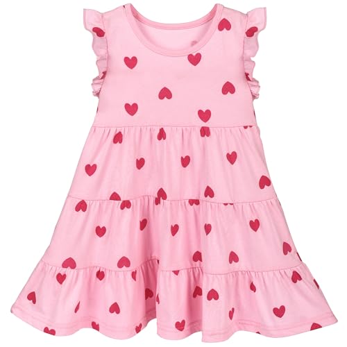 MINDSHELF Toddler Girls Valentines Dress Kids Heart Summer Dresses for Girl Ruffle Sleeve Sundress Cotton Casual Holiday Party Clothes Pink Size 7T