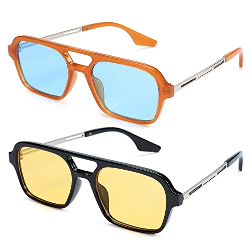 Hycredi Retro 70S Flat Aviator Sunglasses Trendy Vintage Square Glasses For Women Men Metal Design Shades Uv Protection（Orange+Yellow #TOP6