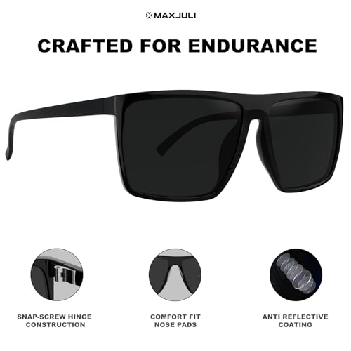 MAXJULI Polarized Sunglasses for Men Lightweight TR90 UV400 Protection Square Sun Glasses Black/Grey 81423