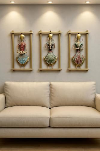 Image of RHEA STORE - Rajasthani Musician Metal Wall Art Set of 3 Frames - Handmade Wall Decor for Living Room Decoration (Medium Size)