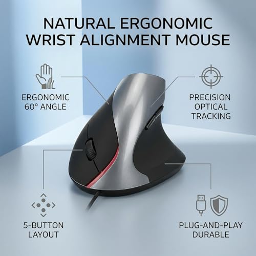 Przewodowa Mysz Pionowa, Optyczna Mysz Ergonomiczna z 5 Przyciskami, Wygodny Uchwyt do Pracy i Gier, do Laptopa PC Precy