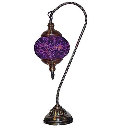 Silverfever Mosaic Turkish Lamp Moroccan Glass Swan Neck Lantern For Table Desk Bedside Bronze Base Bundle With E12 Light Bulb (Deep Purple Shades) #TOP1