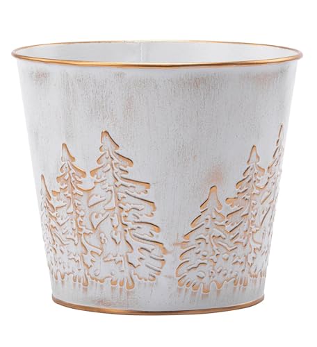 Napco Embossed Forest Trees with Hard Liner - 6 Inch Distressed White Metal Round Standing Indoor or Outdoor Planter Cache Pot Cover