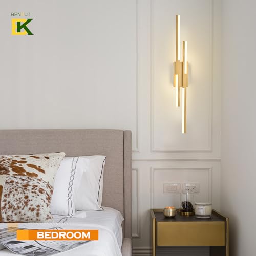 Image of Benkut Modern LED Wall Sconce Gold Remote Wall Light Fixtures for Bathroom, Dimmable Vanity Light Indoor LED Remote Wall Sconce for Living Dining Room Bedside Bedroom (3000-6500K 35.4inch)