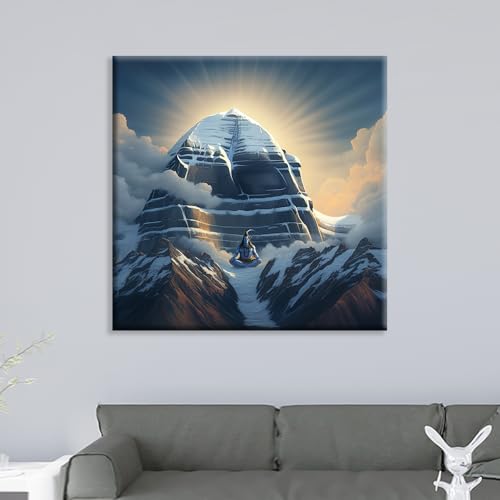 Image of EXSHA Mount Kailash with Meditating Lord Shiva Decorative Canvas Wall Painting|Sacred Himalayas Spiritual Art Print for Pooja Room, Yoga Studio, Living Room, Home Decor|Religious Paintings|24x24 Inch