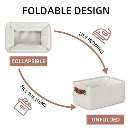DULLEMELO fabric storage baskets | 11.8x7.9x5.1 inch small baskets for organizing Closet Set of 2 cloth storage baskets | rectangle storage basket with PU Handles (Beige) by DULLEMELO - Image 3