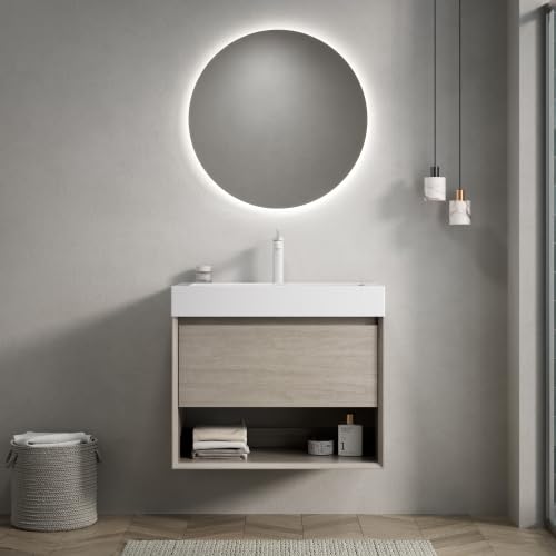 dowowdo Mueble de baño con armario para colgar en la pared, 70 cm, lavabo integral de resina blanca, cajón con sistema de cierre suave y estante abierto, premontado, roble claro, para baño espacioso y