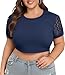 Lastshe Womens Plus Size Funny Crop Tops for Women Summer Lace Short Sleeve Basic Workout Shirts Beach Fashion Tees,Dark Blue,1X