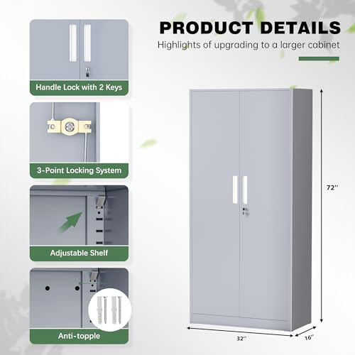 Image of Greenvelly Metal Storage Cabinet, Locking Steel Cabinet with 2 Doors and 4 Adjustable Shelves, 71 inch Utility Metal Filing Organization with Lock for Home Office, Garage, Classroom (Dark Gray)