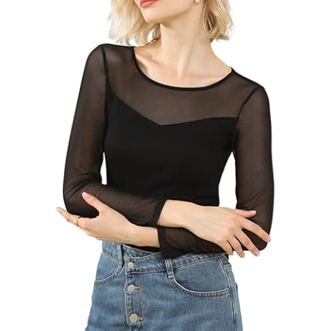 Fanseler Women's Sexy Round Neck Tops Mesh Knitted Patchwork Long Sleeve Skinny Blouses Casual Dance Pullover Plain Shirts Black Cover