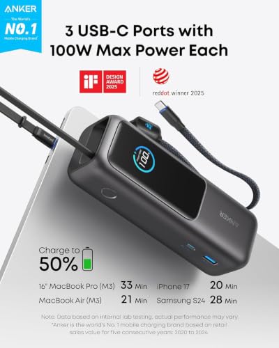 Anker Laptop Power Bank, 25,000mAh Travel Essential with 165W Total Output