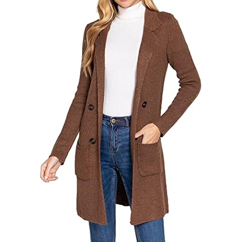 DAY VILLAGE Women's Casual Open Front Notched Collar Patch Pocket Longline Sweater Cardigan Cocoa Small Cover