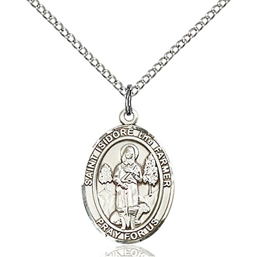 Bonyak Jewelry Saint Medal Collection Sterling Silver St. Isidore The Farmer Pendant 3/4 x 1/2 inches with Sterling Silver Lite Curb Chain