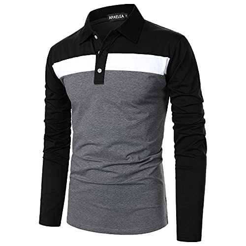 APAELEA Polo t-Shirts à Manches Longues Homme Col de Tricot fileté Couleur Contrastée Coton Shirt,Noir,L