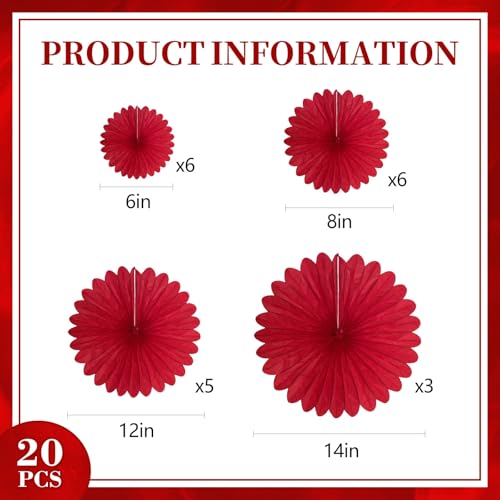 Image of 20 Pcs Red Hanging Paper Fan, Hanging Honeycomb Round Paper Fans for Weddings, Birthdays, Valentine's Day, Baby Showers, Classroom, Events Ceiling Party Supplies Decorations