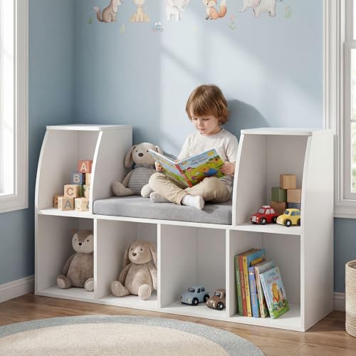 Costzon Kids Bookshelf with Reading Nook, 6 Cubby Bookcase with Soft Seat Cushion, Wooden Toy Storage Organizer with Bench, Book Shelf for Kids Room, Playroom, Nursery, Daycare