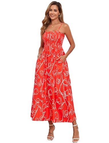 Image of Aigeman Women Detachable Strap Dress Strapless Smocked Bodice Maxi Dress Pockets Long Swing Flowy Beach Sundress 373