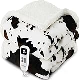 blunique Cow Print Heated Throw Blanket Electric Blanket-Heating Blanket Throw with 10 Heat Levels & 10 Hours Auto Off, Cozy Soft Fleece Sherpa, Washable, 50 x 60 Inches Cow Print White