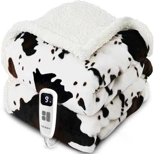 blunique Cow Print Heated Throw Blanket Electric Blanket-Heating Blanket Throw with 10 Heat Levels &...