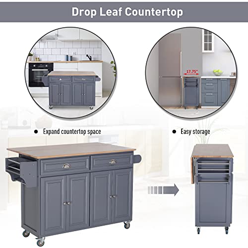 Homcom Rolling Kitchen Island On Wheels Ultility Cart With Drop-Leaf And Rubber Wood Countertop, Storage Drawer, Door Cabinet, Grey #TOP3
