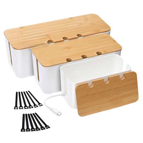 3 Stück kabelbox,Kabelmanagementbox,Aufbewahrungsbox für Kabel mit Bambusdeckel,Aufbewahrungsbox aus Draht zum Verstecken von Kabeln Organisieren Sie die Computerverkabelung