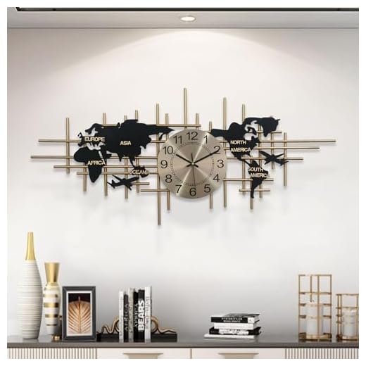 Large Wall Clocks for Living Room Decor,37.8 Inch Modern Wall Clock Silent Quartz 3D Clock,World Map Wall Clock Handmade Iron Frameless Wall Clock, Home Decorations for Bedroom Kitchen Office (Black)