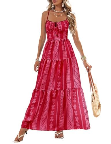 Image of Summer Tropical Boho Sundress for Women Beach Vacation,Casual Spaghetti Strap Smocked Flowy Maxi Sun Dresses Pink
