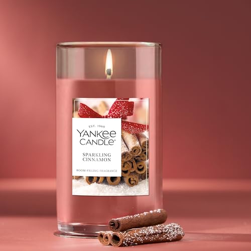 Image of Yankee Candle Medium Pillar Scented Candle with up to 115 Hour Burn Time, Premium Plant Wax Blend for Consistent Burn, 14.25 oz Pillar Candle with Room Filling Fragrance, Sparkling Cinnamon