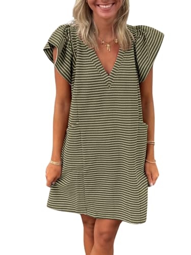 Mieazom Striped V-Neck Mini Dress for Women Puff Sleeve Casual