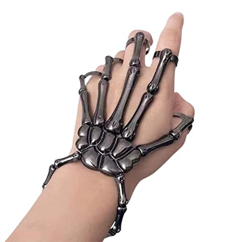 SIQITECHNO Skeleton Hand Bracelet with Ring Halloween Skull Bracelet Claw Bangle Alloy Skull Wristband Cosplay Party 1PC