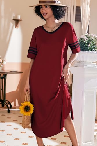 Image of Ekouaer Long Nightgown, Womens V Neck Loungewear Oversized Sleepwear Loose Sleep Dress S-4XL