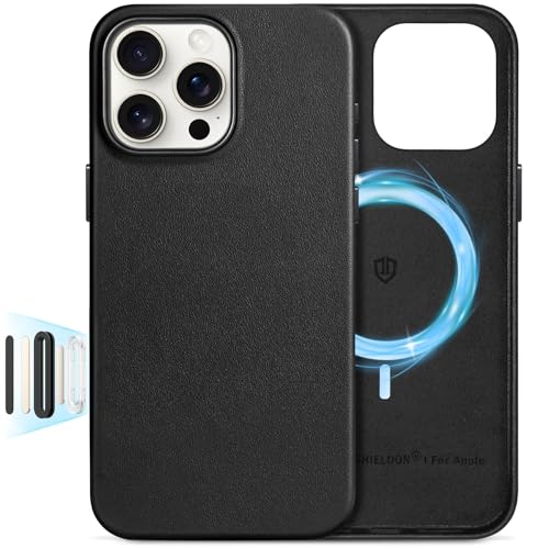 SHIELDON Lederhülle für iPhone 16 Pro Max, Magnetisch Handyhülle [Kabelloses Laden] [Echtleder] [Kamerasteuerung] Schutzhülle Cover Hüllen Kompatibel mit iPhone 16 Pro Max 5G 6,9