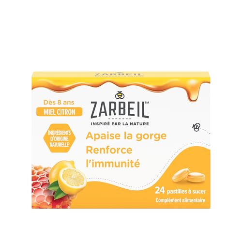 Zarbeil - Pastilles Gorge & Immunité Miel Citron (boîte de 24 pastilles) – Complément alimentaire aux ingrédients naturels pour apaiser la gorge – Pastilles à sucer pour renforcer l'immunité dès 8 ans
